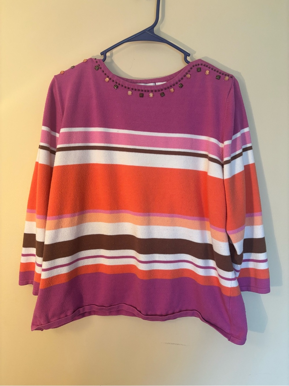 Alfred Dunner Striped Jewel-Neck Sweater in Pink, Orange, White, Brown